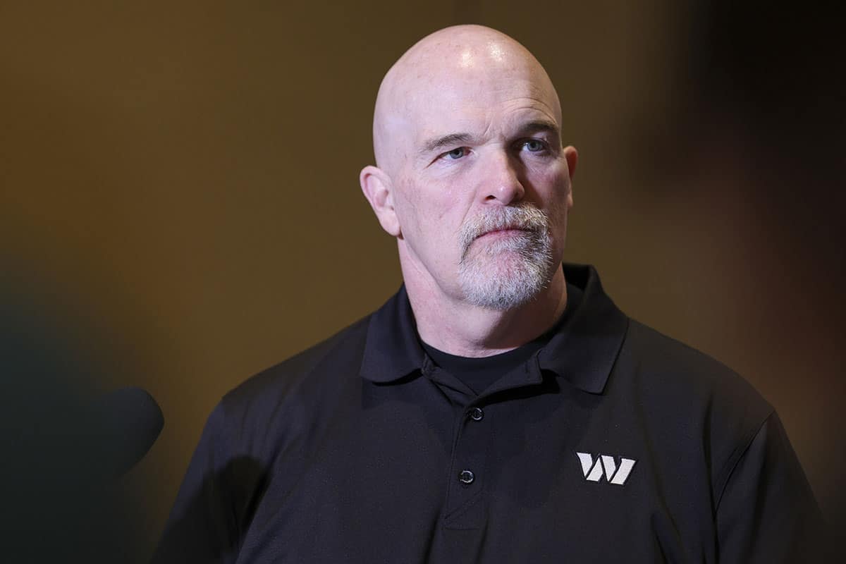 Washington Commanders head coach Dan Quinn speaks to the media during the NFL annual league meetings at the JW Marriott