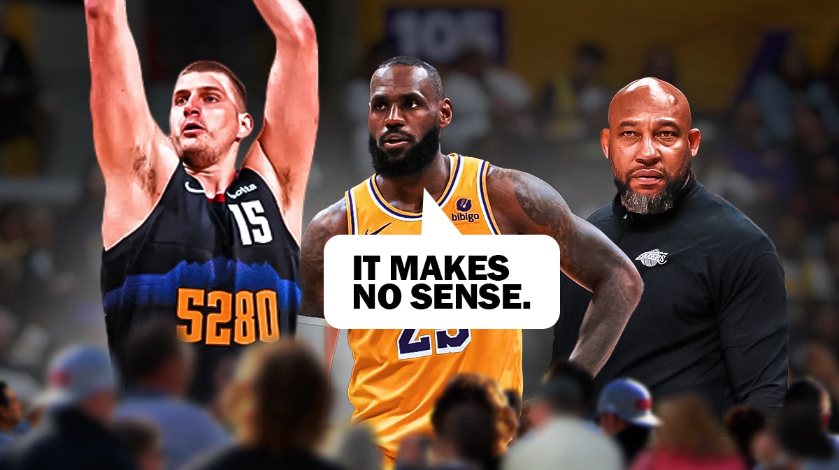 LeBron James with hands on hips, and a speech bubble that says "It makes no sense." Next to him is Denver Nuggets center Nikola Jokic shooting a 3-pointer and Lakers coach Darvin Ham's face centered.