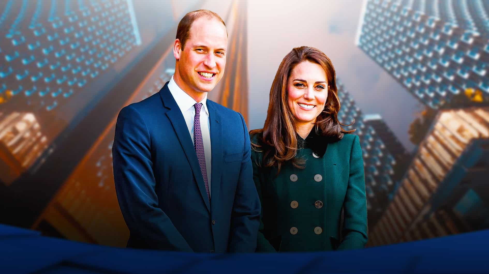 Prince William and Princess Kate with buildings behind them
