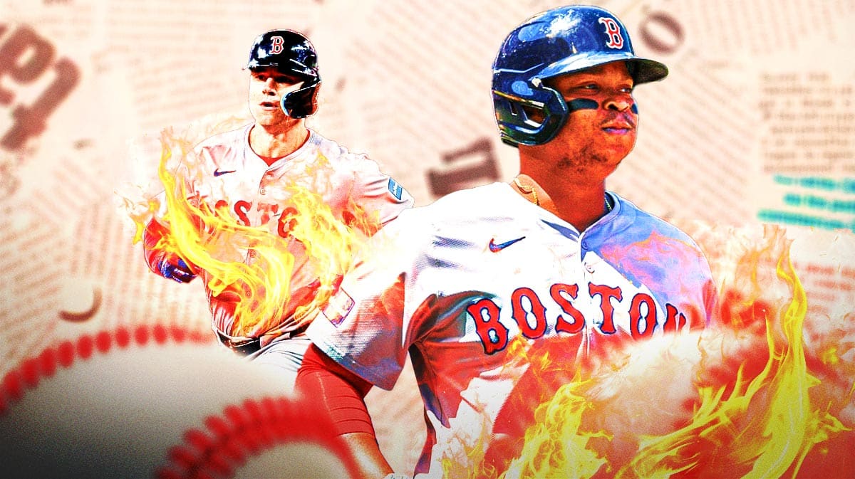 A newspaper in the background, Rafael Devers and Tyler O'Neill on fire