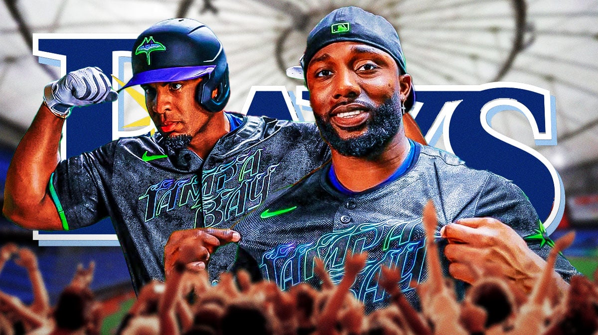 2-3 players on the Tampa Bay Rays wearing the new Rays' City Connect uniforms, Tampa Bay Rays logo, baseball field in background