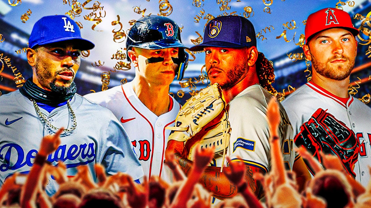 Hypothetical MLB award winners Mookie Betts, Tyler O'Neill, Freddy Peralta, and Reid Detmers with confetti falling all around them and a generic trophy in the middle.