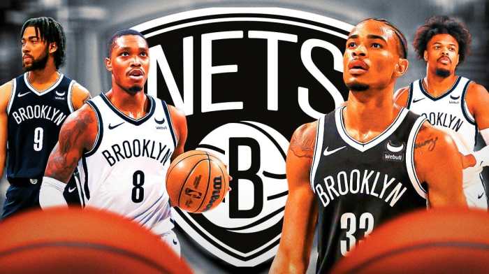 Nets logo in the middle surrounded by Nic Claxton, Lonnie Walker IV, Trendon Watford, Dennis Smith Jr. who enter NBA free agency