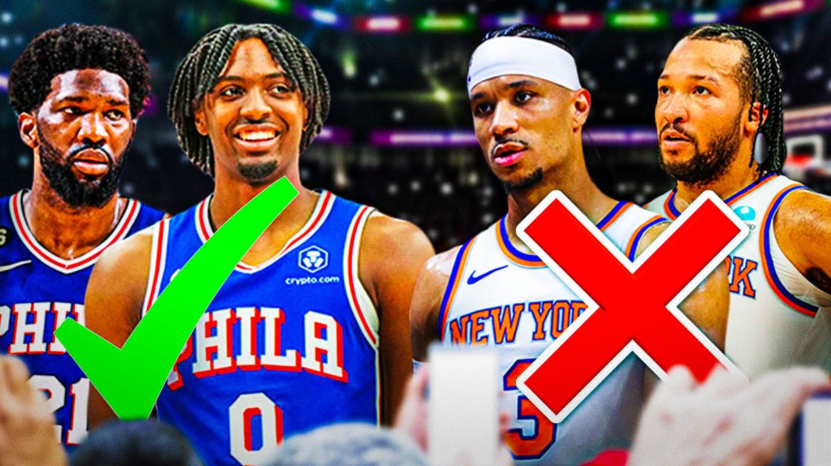 76ers Joel Embiid, Tyrese Maxey with a green check mark over them next to Knicks Jalen Brunson and Josh Hart with a red X over them.