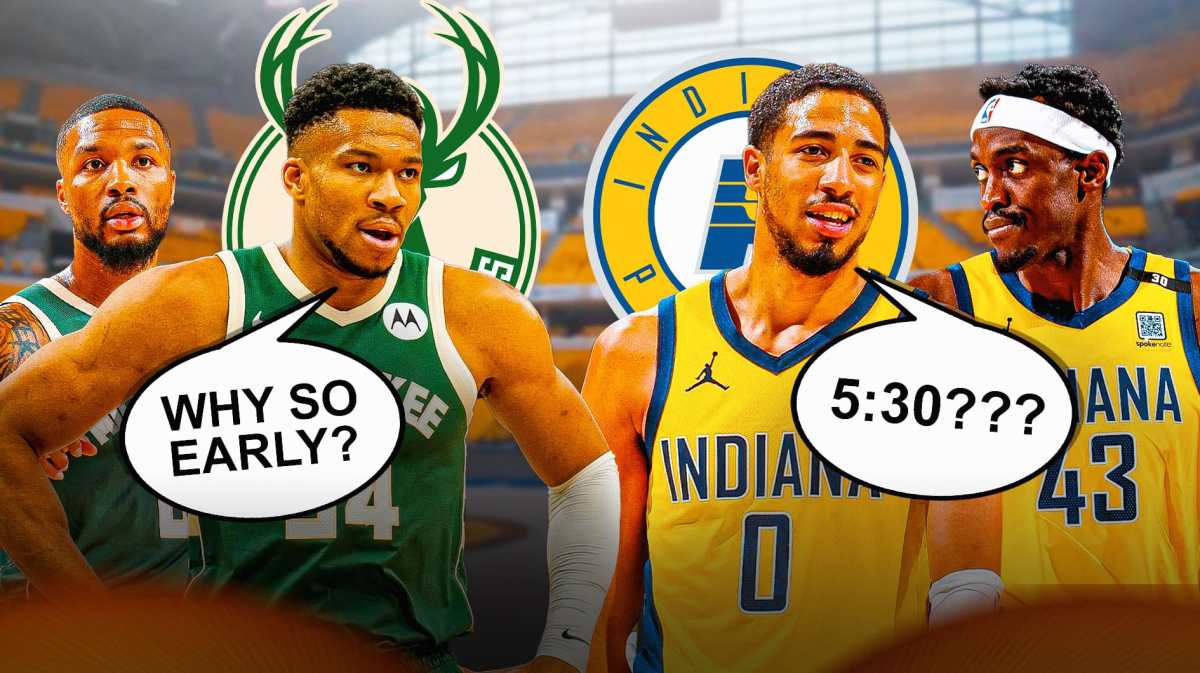 Bucks' Giannis Antetokounmpo saying "Why so early?" and Tyrese Haliburton saying "5:30???"