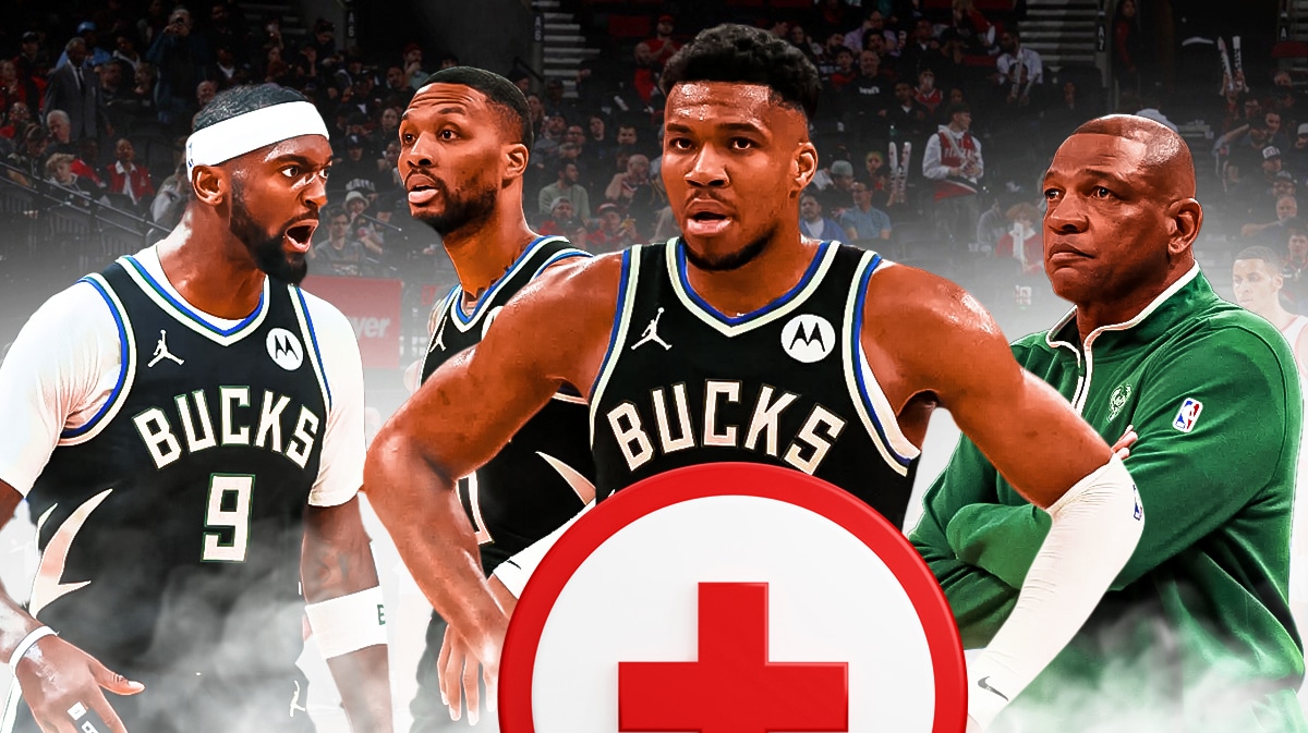 Bucks' Giannis Antetokounmpo with medical symbol next to Doc Rivers, Damian Lillard and Bobby Portis