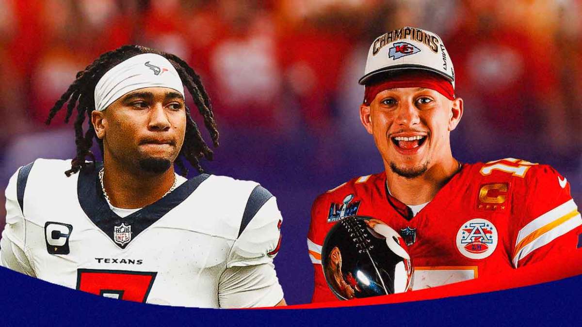 Texans' qb CJ Stroud and Chiefs qb Patrick Mahomes holding Super Bowl Lombardi Trophy
