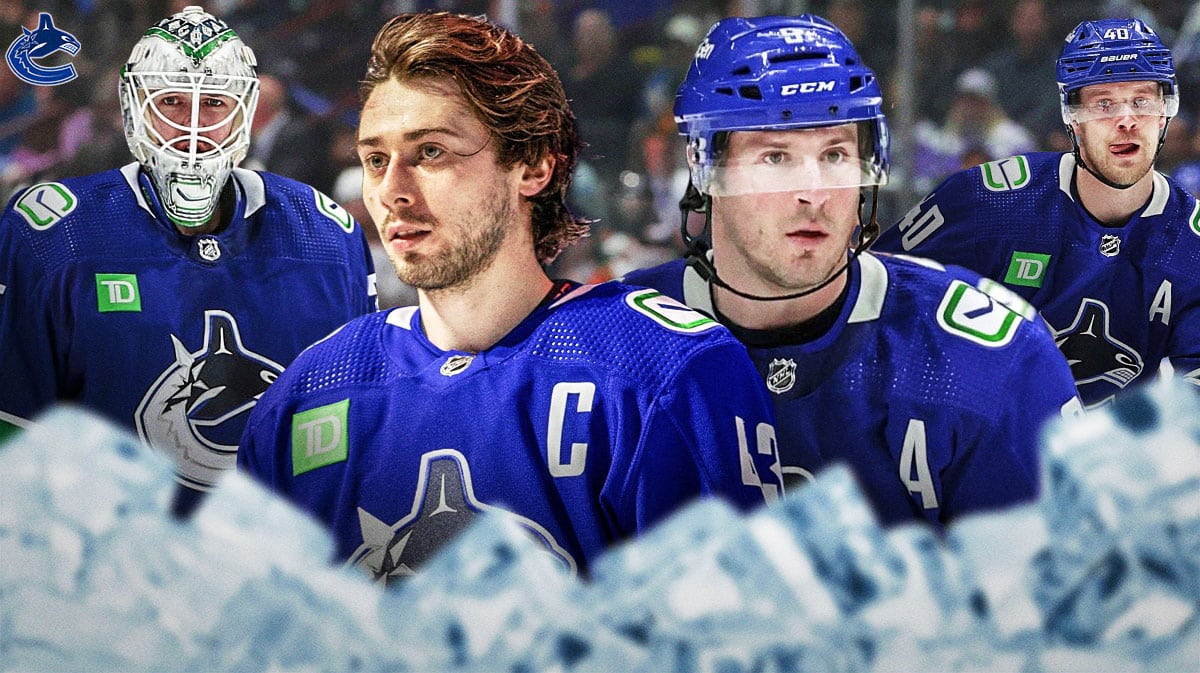 Quinn Hughes, Thatcher Demko, JT Miller and Elias Pettersson in image, NHL Stanley Cup, Vancouver Canucks logo, hockey rink in background