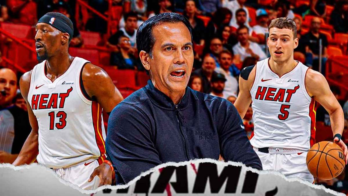 Miami Heat head coach Erik Spoelstra next to stars Bam Adebayo and Nikola Jovic in front of the Kaseya Center.