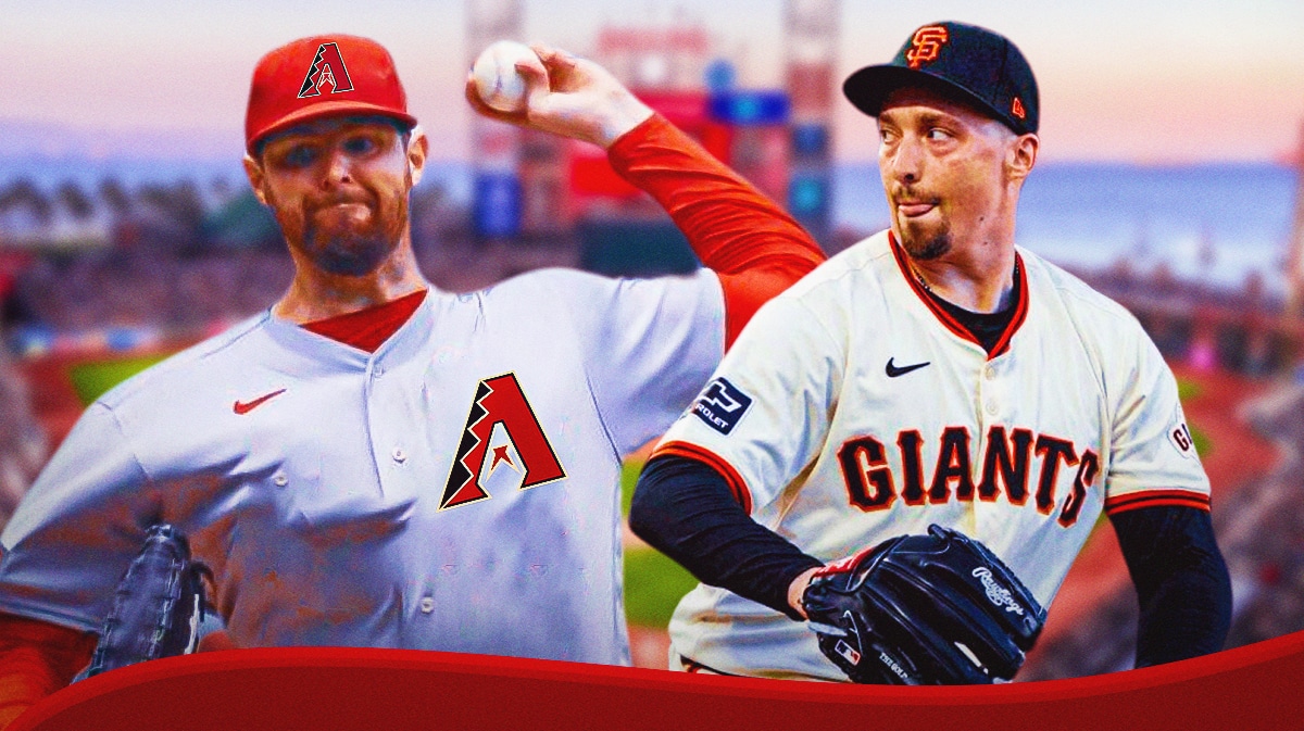 Giants' Blake Snell (Giants uniform) and Diamondbacks' Jordan Montgomery (Diamondbacks uniform) both pitching baseballs.