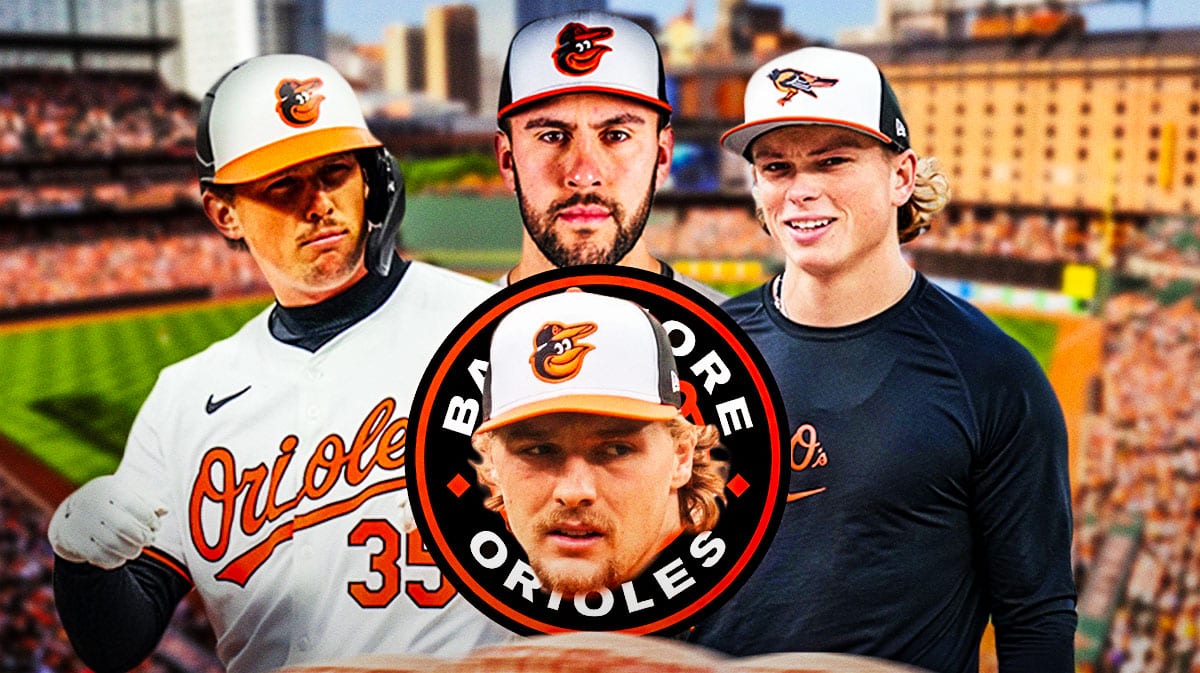 Gunnar Henderson head on Orioles logo with Jackson Holliday, Grayson Rodriguez, Adley Rutschman in background, Orioles roster
