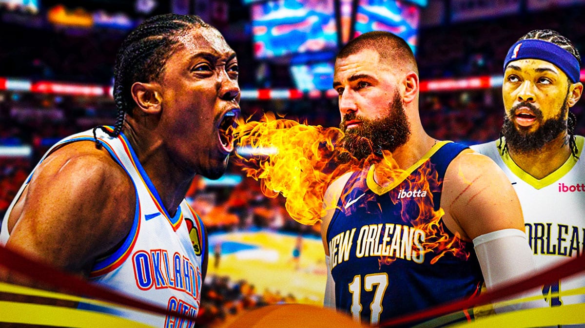 Thunder's Jalen Williams breathing fire at Pelicans' Jonas Valanciunas, Pelicans' Brandon Ingram.