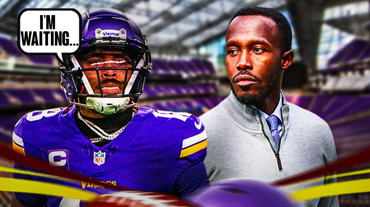 Minnesota Vikings wide receiver Justin Jefferson next to general manager Kwesi Odofo-Mensah. Jefferson has a speech bubble that says “I’m waiting…”