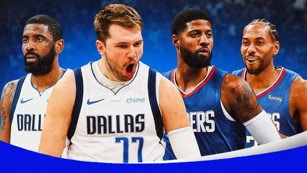 Mavericks' Luka Doncic, Mavericks' Kyrie Irving on left. Clippers' Paul George' Clippers Kawhi Leonard on right.