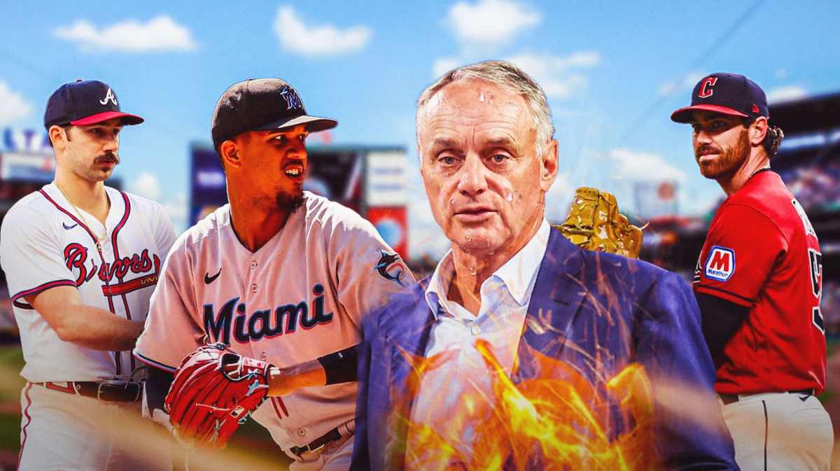 Spencer Strider, Eury Perez, and Shane Bieber all looking at MLB Commissioner Rob Manfred