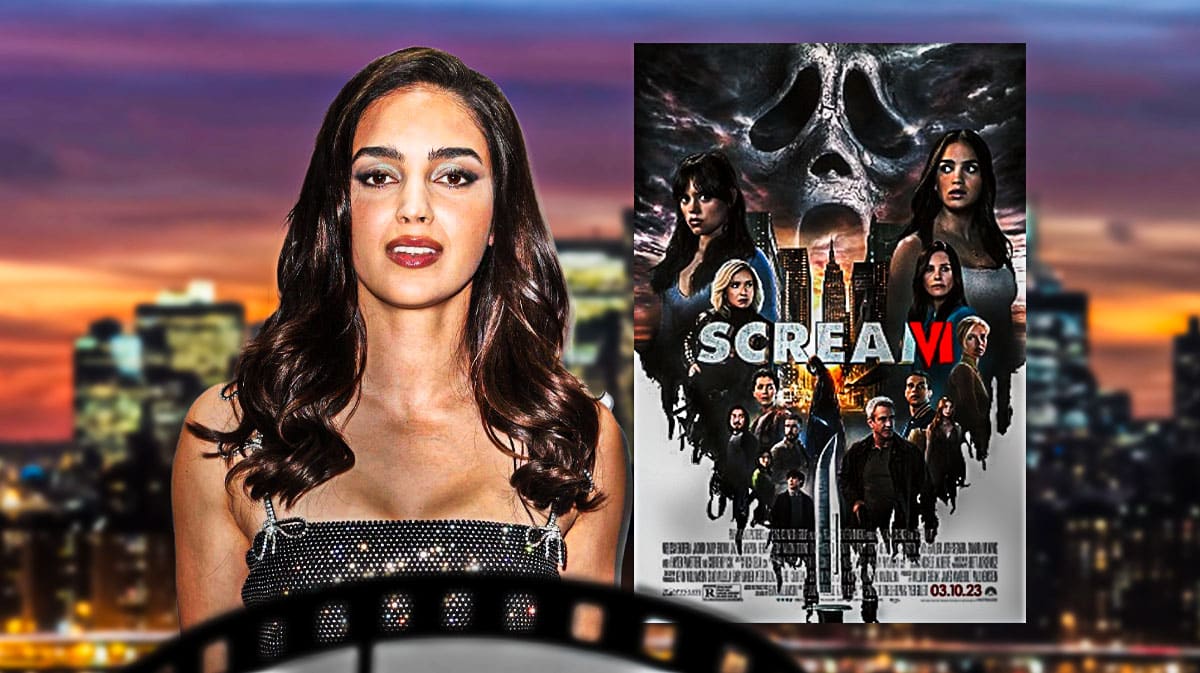 Melissa Barrera and Scream 6 poster with New York City background.