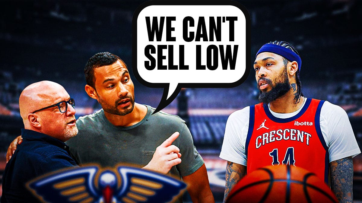 Graphic: David Griffin, Trajan Langdon saying "we can't sell low" while looking at Brandon Ingram.