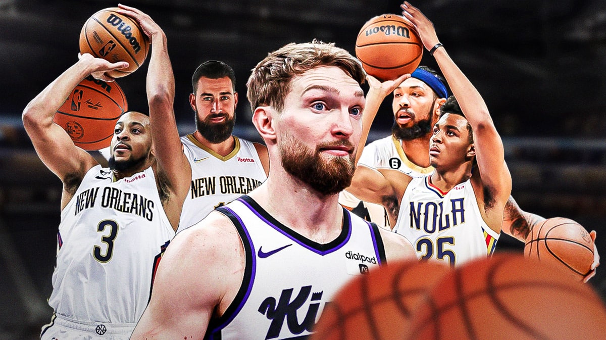 PHoto: Brandon Ingram, CJ McCollum, Jonas Valanciunas, Trey Murphy all in action in Pelicans jerseys, De'Aaron Fox, Domantas Sabonis in background in Kings jerseys