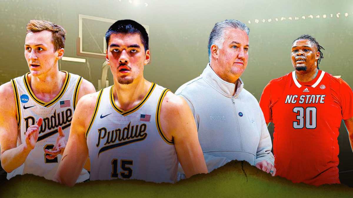 Matt Painter and Zach Edey with DJ Burns before Purdue vs NC State Final Four