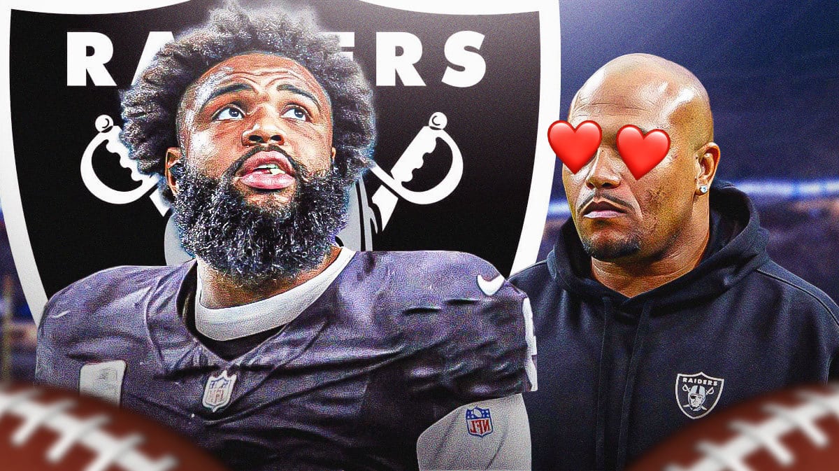 Photo: Antonio Pierce coaching Raiders looking at Christian Wilkins with heart eyes, have Wilkins in Raiders jersey