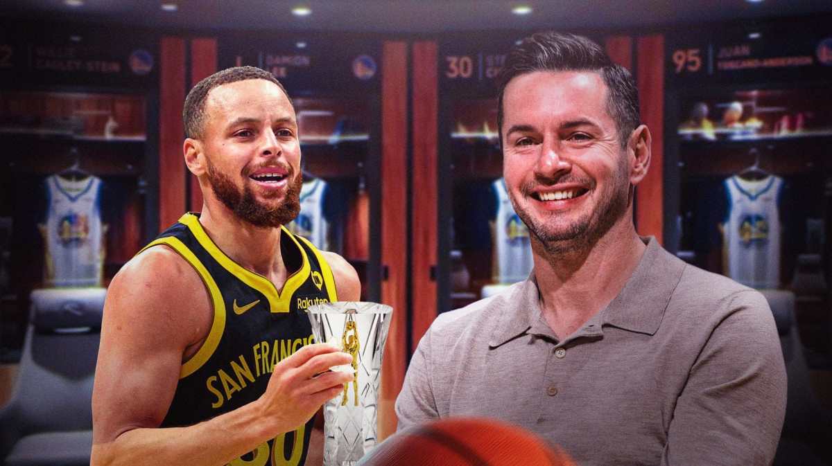 JJ Redick (current) looking at a smiling Warriors' Stephen Curry, with the Clutch Player of the Year award beside Curry