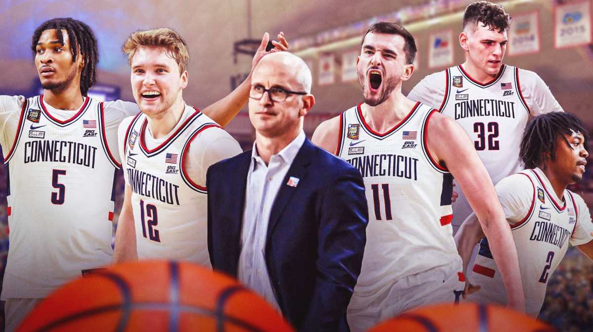 UConn Huskies head coach Dan Hurley with Stephon Castle, Cam Spencer, Alex Karaban, Donovan Clingan, and Tristen Newton