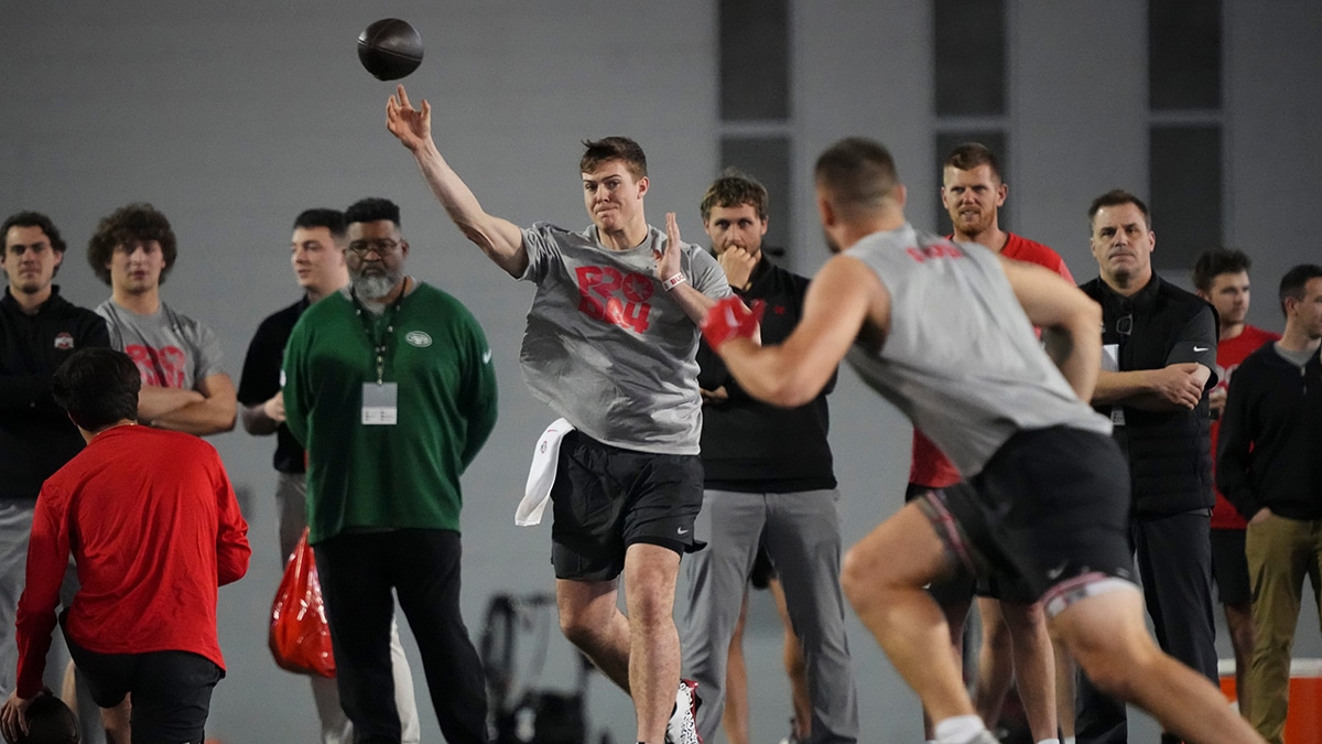 Ohio State Buckeyes quarterback Will Howard throws to Cade Stover during Pro Day at the Woody Hayes Athletic Center.