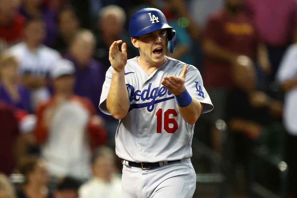 Los Angeles Dodgers catcher Will Smith (16) reacts after scoring a run against the Arizona Diamondbacks in the seventh inning for game three of the NLDS for the 2023 MLB playoffs at Chase Field. 