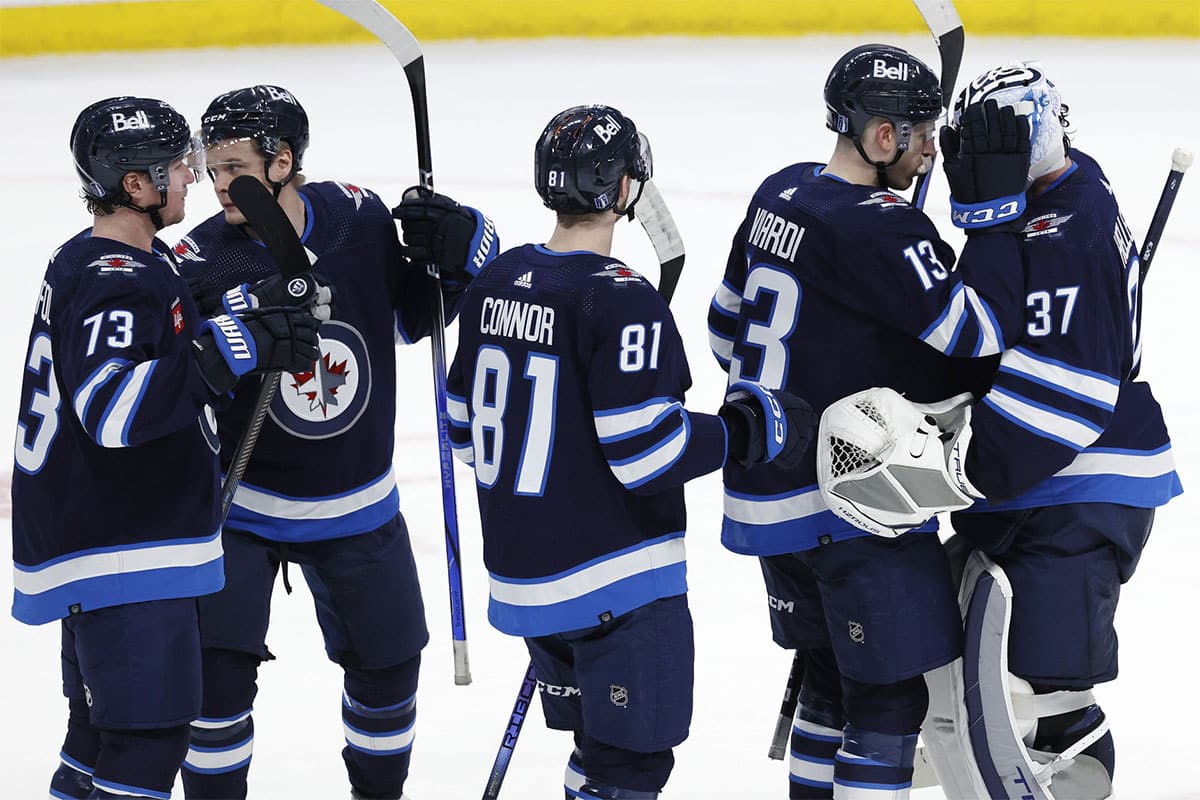 Winnipeg Jets celebrate their victory over the Colorado Avalanche in game one of the first round of the 2024 Stanley Cup Playoffs at Canada Life Centre.
