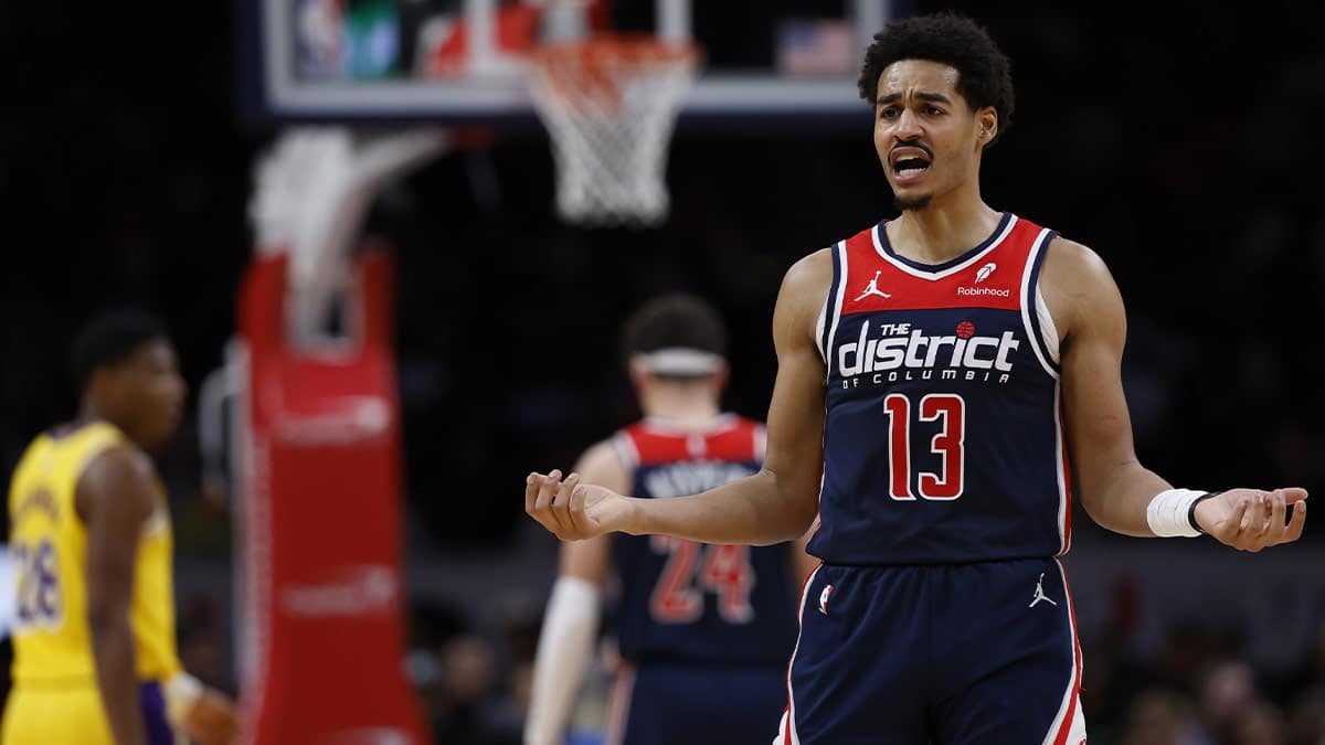 Washington Wizards guard Jordan Poole (13) gestures after being called for a foul against the Los Angeles Lakers in the second half at Capital One Arena