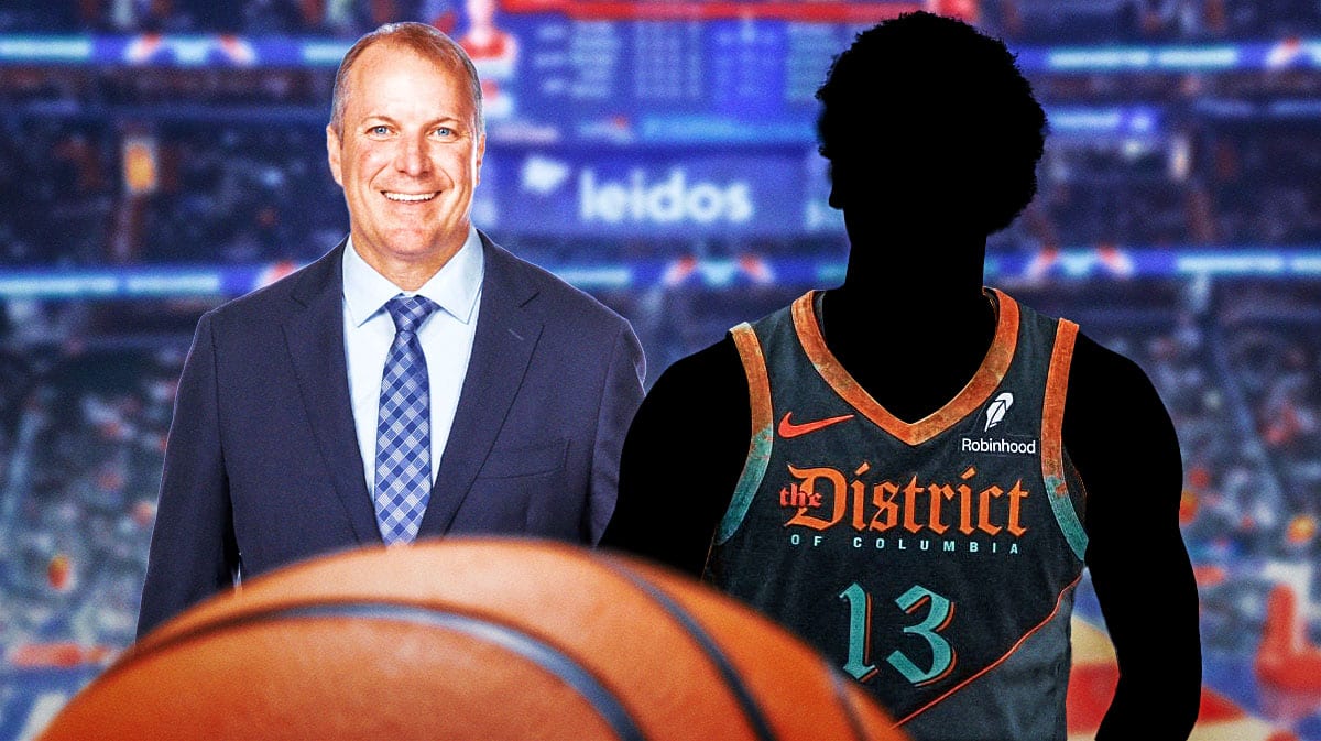 Photo: Silhouette of Jordan Poole in Wizards jersey, Tommy Sheppard