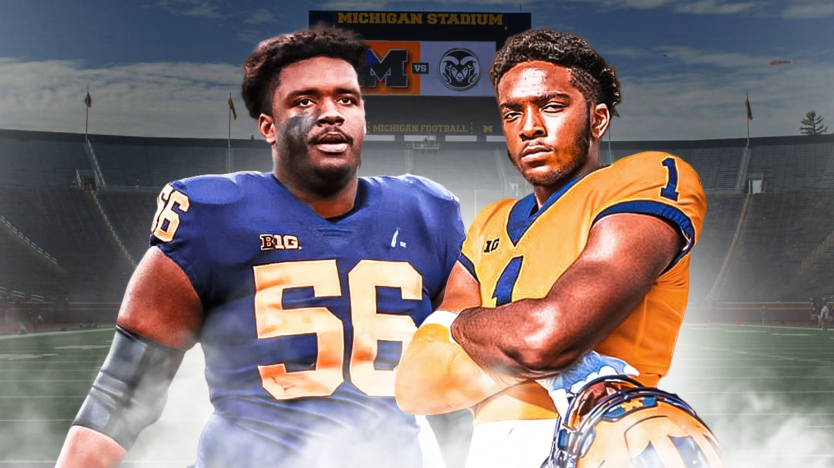Michigan football, Wolverines, Amir Herring, Jeremiah Beasley, Transfer portal, Jeremiah Beasley and Amir Herring in Michigan unis with Michigan football stadium in the background