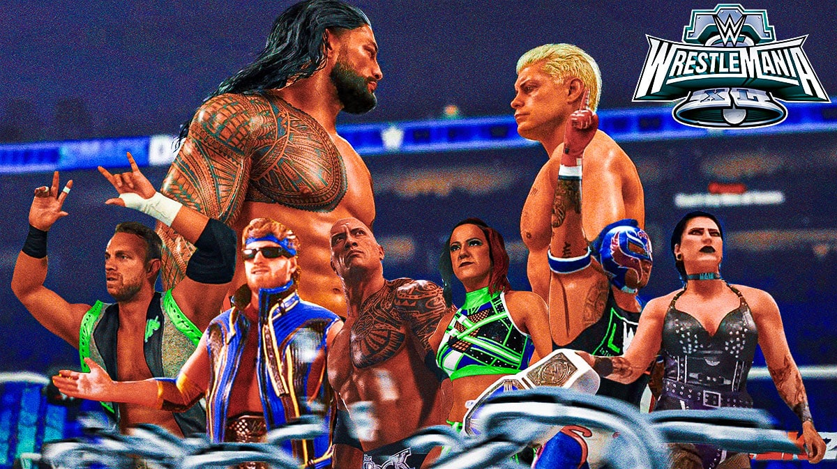 WrestleMania XL Results WWE 2K24 Simulation Roman Reigns facing off against Cody Rhodes, with Bayley, Logan Paul, LA Knight, Rhea Ripley, and Rey Mysterio on the foreground