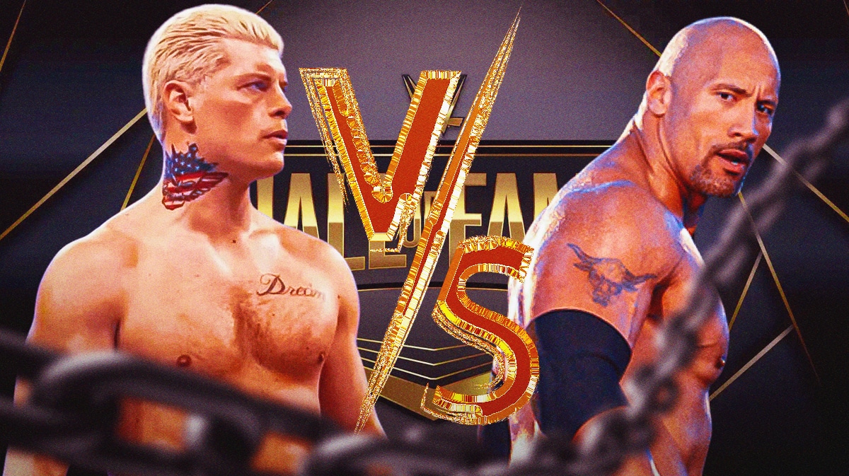 Cody Rhodes looking at The Rock with a vs. symbol between them and the WWE Hall of Fame logo as the background.