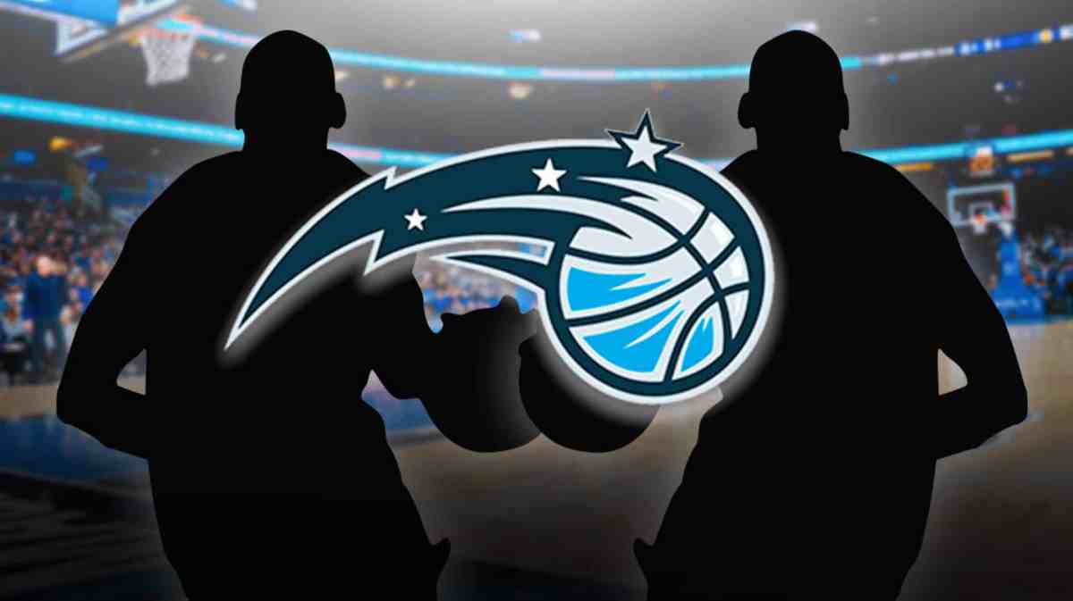 Magic logo sits next to two player shadows, NBA Playoffs, Cavs fans in background, Gary Harris on bench