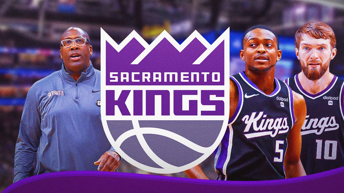 Mike Brown, De'Aaron Fox and Domantas Sabonis next to a Kings logo
