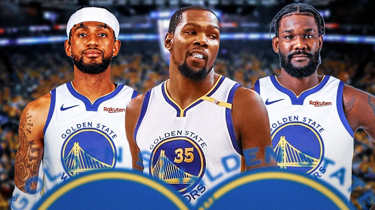 Kevin Durant, Nickeil Alexander-Walker and Deandre Ayton wearing Warriors jerseys