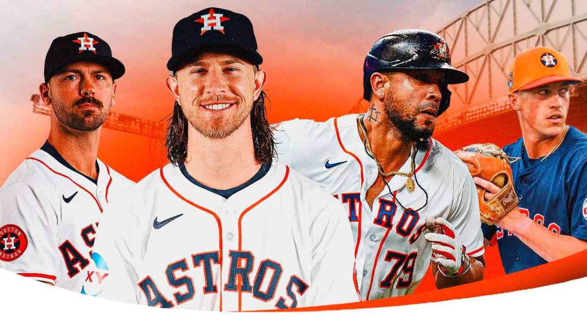 Tayler Scott, Josh Hader, Jose Abreu, Logan VanWey, all in Astros uniforms