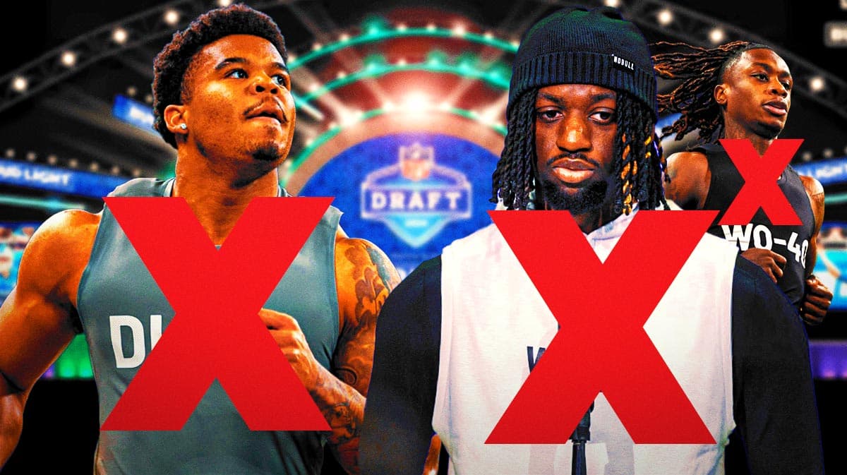 Brian Thomas Jr., Chop Robinson, Xavier Worthy all with red x's over them - Buffalo Bills logo in front - 2024 NFL Draft background.