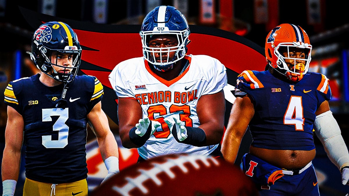 An Arizona Cardinals logo surrounded by Jer'Zhan Newton, Cooper DeJean, Christian Haynes, and an NFL Draft background.