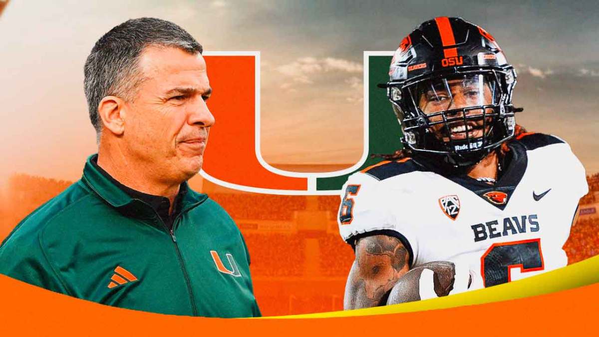 Miami football U logo, Mario Cristobal, and Oregon State's Damien Martinez.