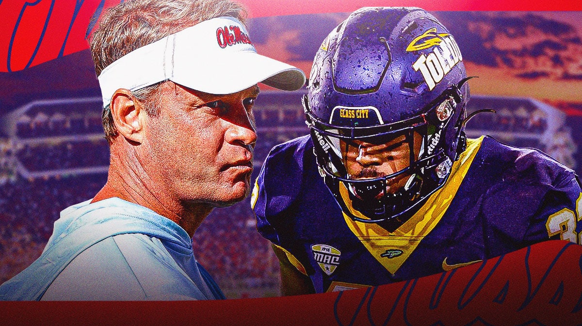 Ole Miss football head coach Lane Kiffin with Toledo/Louisville running back Peny Boone