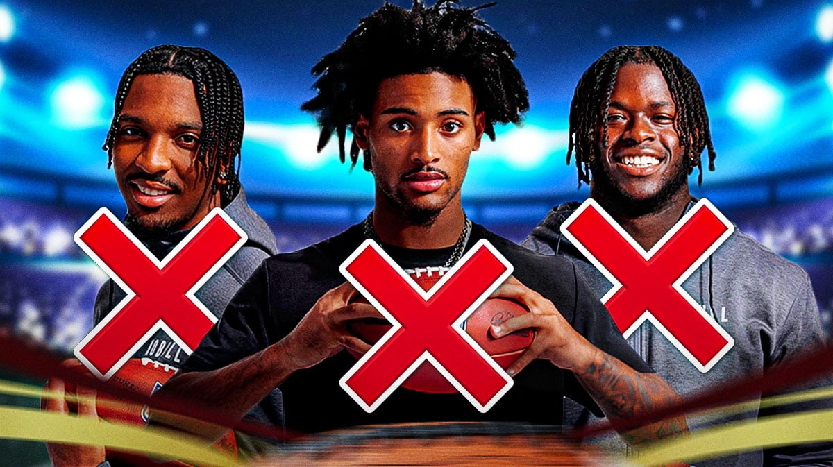 Jayden Daniels, Nate Wiggins, Olu Fashanu all with red x's over them - Las Vegas Raiders logo in front - 2024 NFL Draft background.