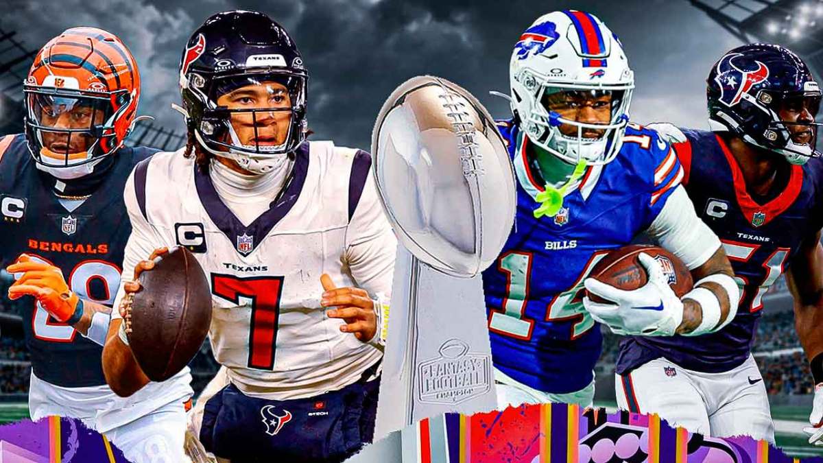 Texans players, Joe Mixon, CJ Stroud, Stefon Diggs, and Will Anderson next to Super Bowl Lombardi Trophy
