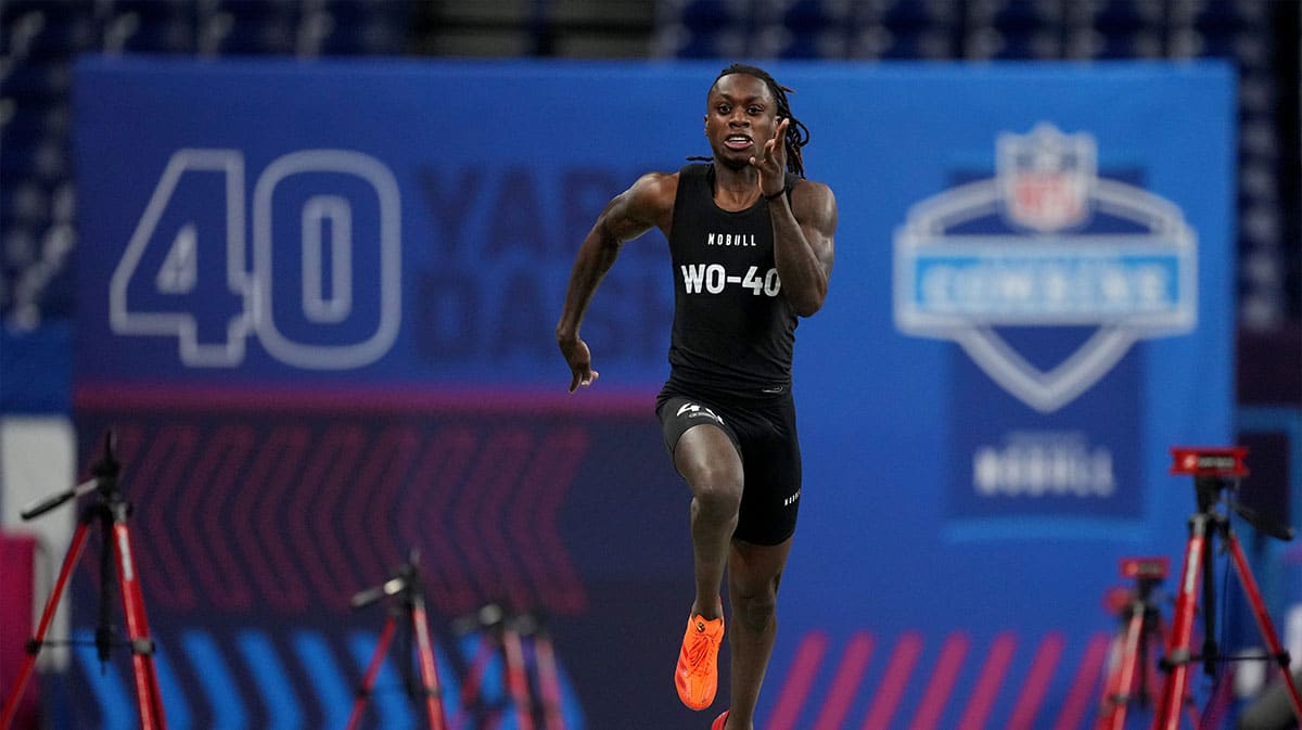 Texas wide receiver Xavier Worthy (WO40) ran an official time of 4.21 seconds to set a combine record during the 2024 NFL Combine at Lucas Oil Stadium.