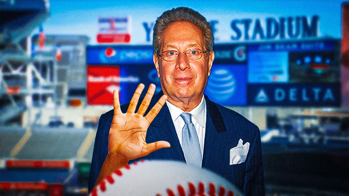 Yankees announcer John Sterling with Yankees stadium in background.
