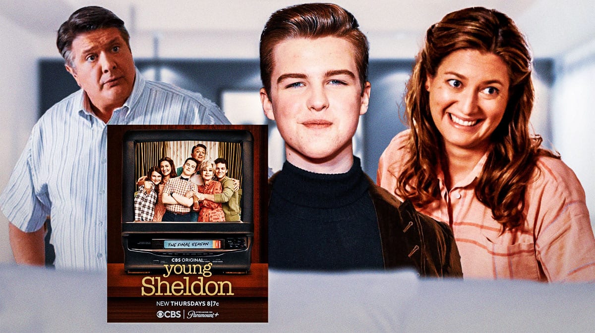 Young Sheldon Season 7 (final season) poster with Iain Armitage, Lance Barber as George Cooper and Zoe Perry as Mary Cooper.