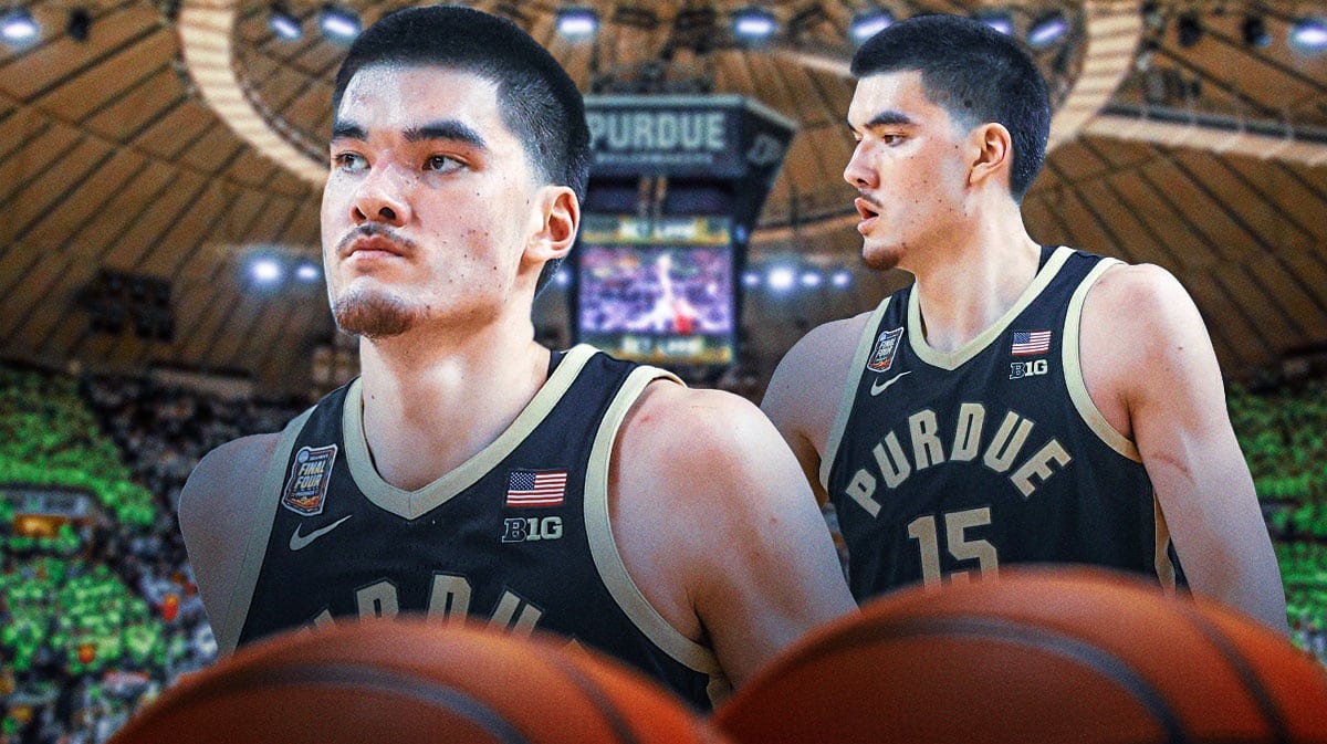 Purdue basketball center Zach Edey, looking somber and sad.