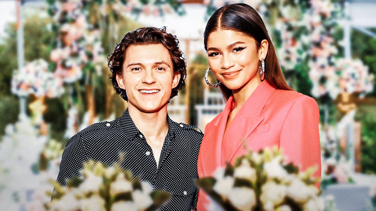 Tom Holland and Zendaya with wedding background.