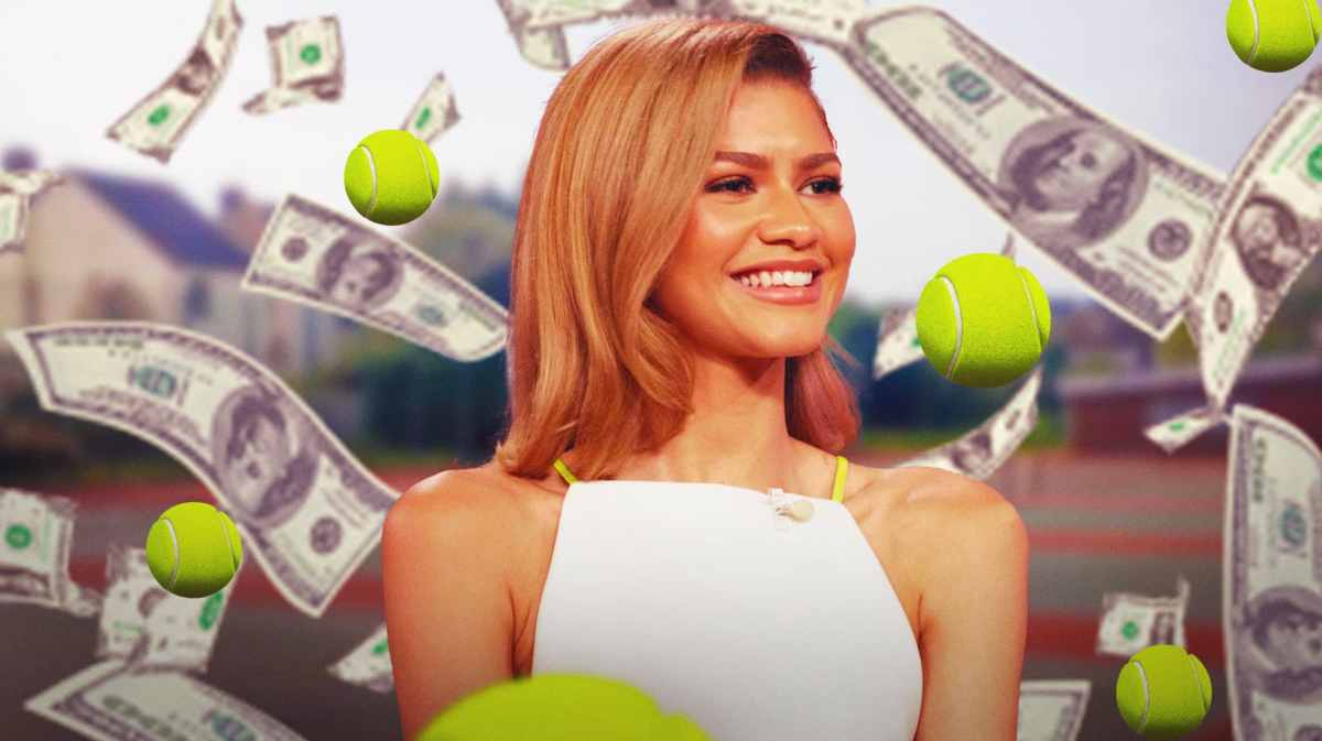 Zendaya with tennis balls and money around her